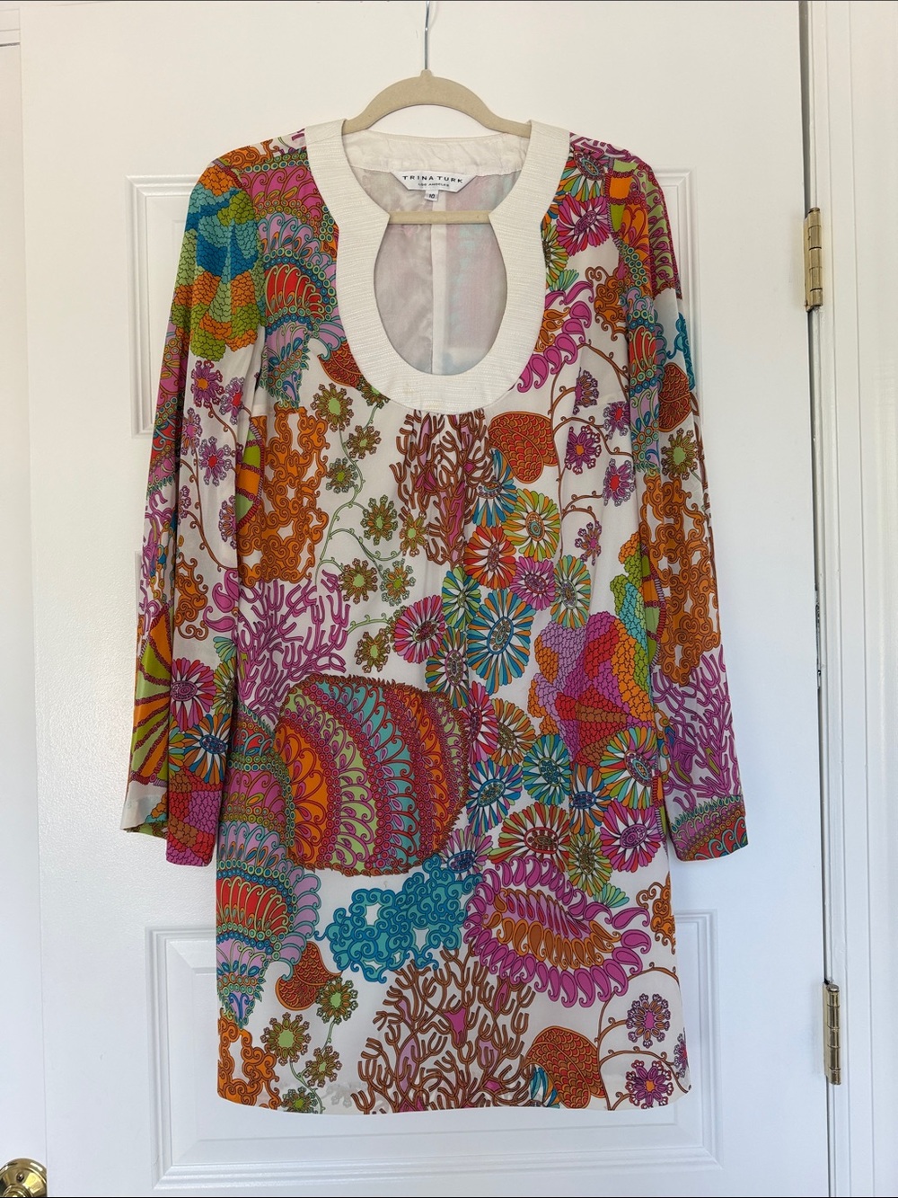 Trina Turk White Multicolor Floral-Print Long Sleeve Tunic Dress